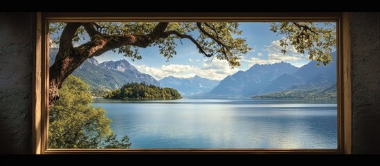 Scenic view of tranquil lake and majestic mountains framed by window perfect for nature inspired decor