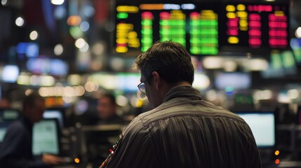 Fototapeta premium A businessman looks at a stock market ticker in a busy trading floor.