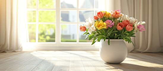 Room decoration featuring vibrant fresh flowers elegantly arranged in a vase on the floor creating a cozy and inviting atmosphere