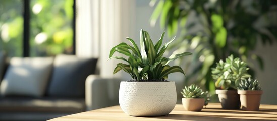 Fototapeta premium Potted house plant in a stylish white ceramic pot alongside various succulent plants on a modern indoor table