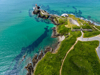 Aerial view of the Petit Minou Lighthouse is a lighthouse in the roadstead of Brest, standing in...