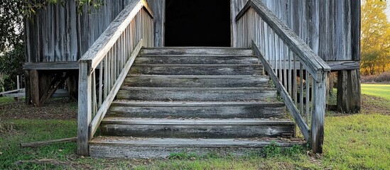 Rustic old wooden staircase leading to a charming barn showcasing vintage architecture and country aesthetics © Cyber Shutter