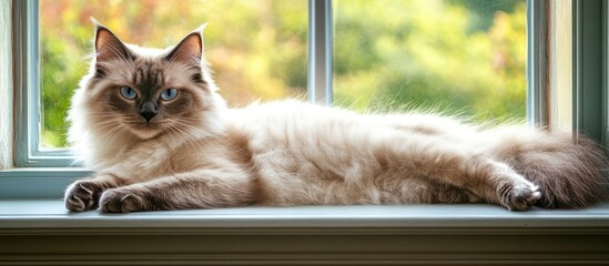 Playful Neva Masquerade cat lounging gracefully on a windowsill capturing a moment of curiosity and charm