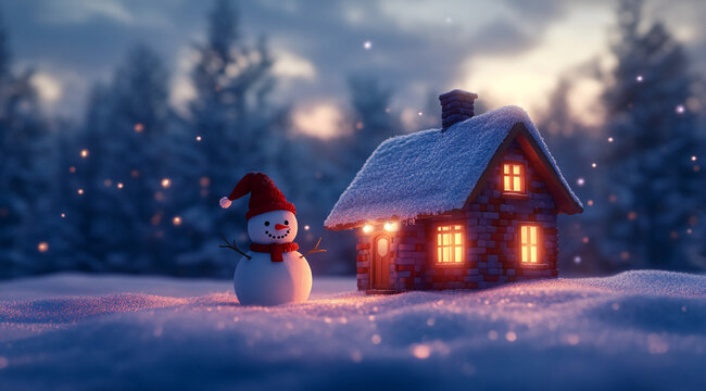 A small snowman stands in front of a cozy cottage covered in snow on a cold winter night. The windows of the house are glowing with warm light, making it feel welcoming and inviting