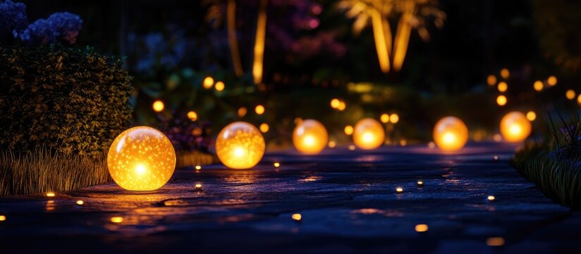 Outdoor decorative lights illuminating a garden at night creating a magical atmosphere
