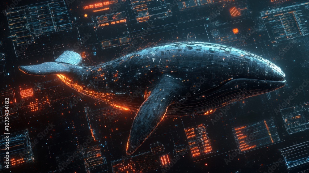 Wall mural a 3d rendering of a whale swimming through a digital network of data, code, and information.