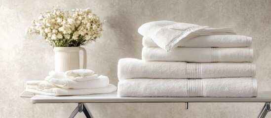 Neatly ironed towels arranged on an ironing board beside a textured pile of freshly laundered towels perfect for home organization