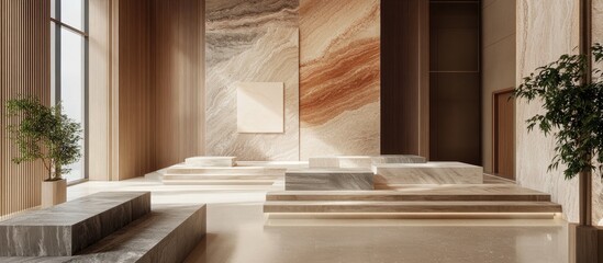 Samples of elegant marble displayed on a sleek exhibition wall showcasing diverse textures and colors