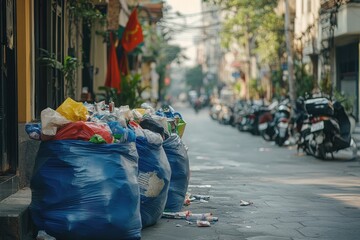 Full blue garbage bags on sidewalk. Photo of a row of blue garbage bags on a sidewalk, perfect for illustrating themes of waste and recycling.