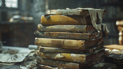 Antique Books with Torn Covers: A stack of old books with faded, torn covers and yellowed pages, symbolizing the beauty of well-worn stories and the impact of time on cherished objects.