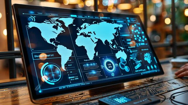A sleek digital screen presents a detailed world map, overlaid with analytics and data charts. The modern workspace is dimly lit, highlighting advanced technology