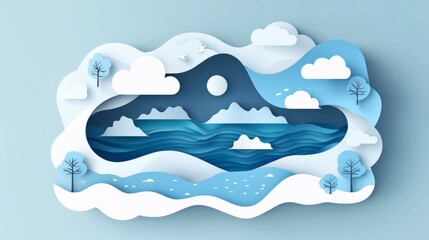 Naklejka premium A serene paper-cut landscape featuring mountains, ocean waves, and clouds in soothing blue tones against a light background