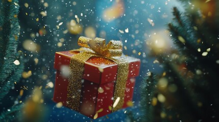 A vibrant red gift box adorned with a shimmering gold bow, perfect for festive celebrations and special occasions.