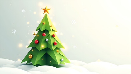 Obraz premium Stylized Christmas tree with ornaments and a star on a snowy background for festive holiday season
