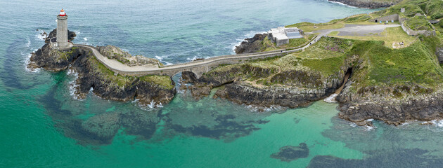Aerial view of the Petit Minou Lighthouse is a lighthouse in the roadstead of Brest, standing in...