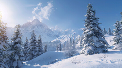 Fototapeta premium A serene winter landscape unfolds on a mountain slope, where snow-laden pine trees rise majestically against a clear blue sky.