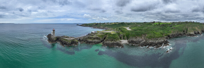 Aerial view of the Petit Minou Lighthouse is a lighthouse in the roadstead of Brest, standing in...
