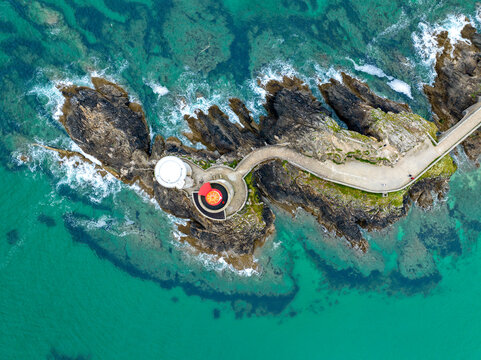 Aerial view of the Petit Minou Lighthouse is a lighthouse in the roadstead of Brest, standing in front of the Fort du Petit Minou, in the commune of Plouzan&eacute;. Coastline. France