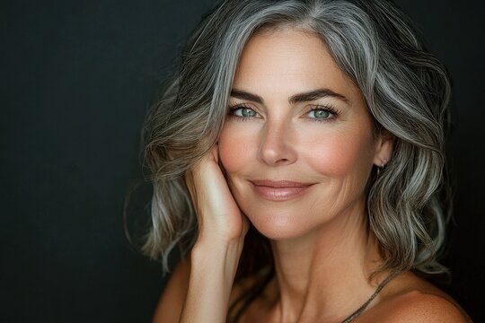 A woman with gray hair smiles. This image can be used for articles on beauty, confidence, and aging gracefully.