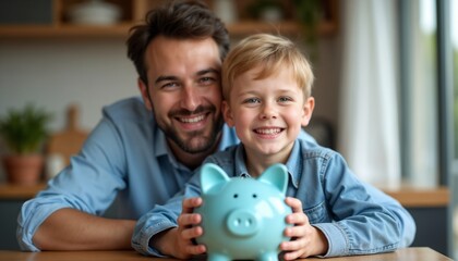 A cheerful father and son pose with a blue piggy bank, symbolizing family bonding and financial literacy. The joyful scene captures happiness and the importance of saving money.

