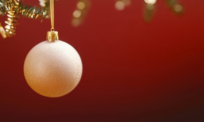 A delicate white ornament dangles from a lush Christmas tree, surrounded by twinkling lights and festive greenery.