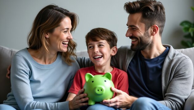 A cheerful family sitting together on the couch, holding a piggy bank, symbolizing saving and financial education. Perfect image for concepts of family, finance, and happiness at home.

