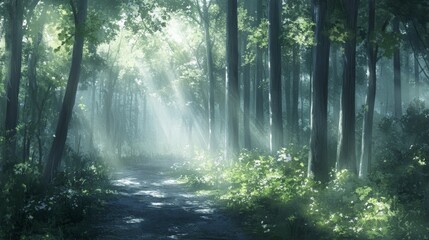 Fototapeta premium Sunbeams Filtering Through a Misty Forest Path, Digital Painting, Nature, Enchanting Forest, ,forest, mist