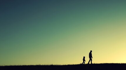 Fototapeta premium Silhouette of Two People Walking Towards the Sunset, Landscape, Gradient, Silhouette, Sunset, Sky, Nature
