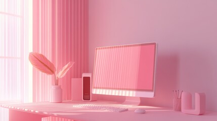 Pink Minimalist Desktop Setup with Computer, Plant, and Accessories, Minimalism , Desktop
