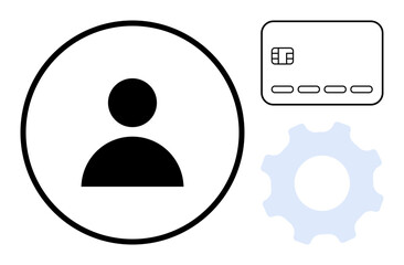 User profile icon within a circle next to a credit card and a gear symbol. Ideal for user management, account creation, online settings, personal information, profile setup, security features