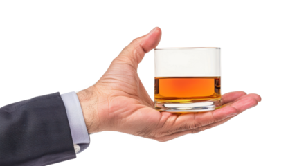 Hand holding glass of whiskey on white transparent background
