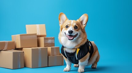 Cute Corgi dog wearing a delivery, courier uniform in a playful pose beside stacked cardboard boxes against a vibrant blue background.