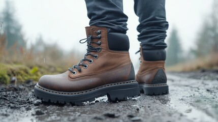 Close-up of Brown Leather Boots on Muddy Trail, Hiking, Boots