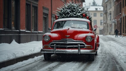 red retro car carrying a Christmas tree
