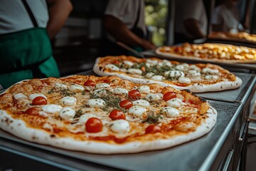 Freshly baked pizzas with cherry tomatoes and mozzarella at a food market