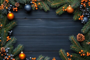 Festive Christmas wreath adorned with pine cones, red berries and ornaments on a rustic dark wood background.