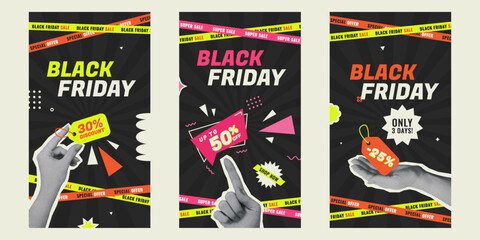 Obraz premium Black Friday Sale flyers set in trendy collage style with halftone hands holding coupons and geometric elements. Bright vector illustrations for social media