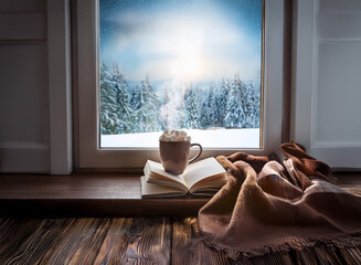 A warm mug of cocoa sits atop a book on a windowsill, with a soft blanket draped nearby. The wintery scene outside is visible through the frosted window.