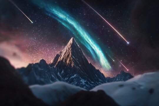 Celestial event over majestic mountain fantasy landscape digital art cosmic environment elevated viewpoint awe-inspiring concept