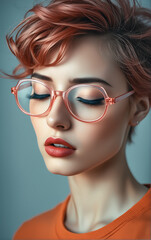Fototapeta premium Young Woman with Short Pink Hair, Round Glasses, and Orange Shirt Against Solid Light Gray Background