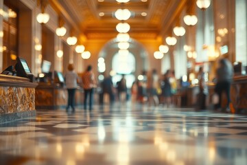 Blurred image of people walking in hallway. This image depicts a bustling hallway with a focus on the floor, perfect for illustrating concepts of motion, movement, or crowds.