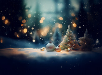 A snowy scene with small Christmas trees, ornaments, and warm bokeh lights in the background.