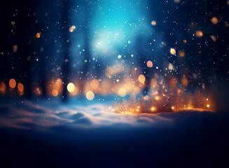 A winter wonderland scene with a snowy forest floor illuminated by warm glowing lights and a bright blue sky.