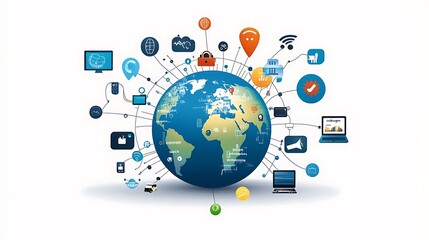 A visual representation of a connected world with various technology and communication icons surrounding a globe.