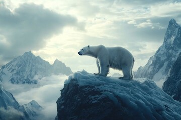 Polar bear standing on ice cliff arctic landscape wildlife photography majestic mountains dramatic perspective conservation awareness