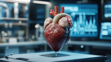 Close-up of an anatomical heart model positioned on a stand, showcasing internal chambers, valves, and veins in high detail, highlighting its realistic structure in a professional medical environment