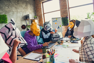 Portrait of panda rooster gorilla lion sloth zebra raccoon mask people desktop money counting...