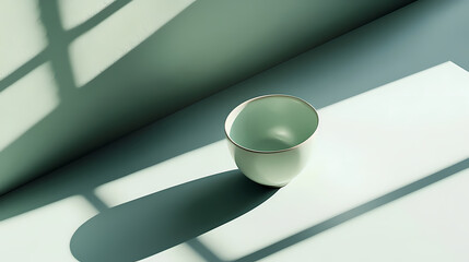 Looking down on a modern, minimalist coffee table, a single celadon cup sits amidst a sea of clean lines and empty space, bright natural light, a realistic photo image. Celadon. Illustration