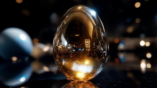 slow camera fly around a transparent egg standing on a reflective surface. against a blurry shimmering background. High quality 4k footage