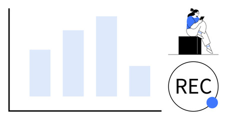 Obraz premium Bar graph with four blue bars, person sitting on block analyzing information, and REC indicator. Ideal for data analysis, reporting, presentations, statistics, business, technology educational